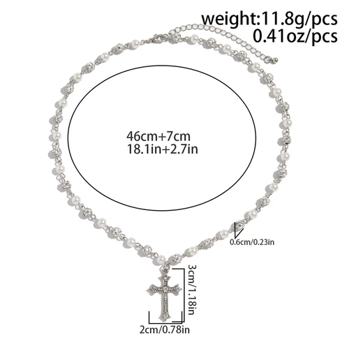 Silver-tone pearl and rhinestone cross pendant necklace (unisex)