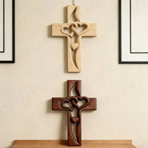 Handcarved Wood Cross with Intertwined Hearts Wall Hanging Carved Cross Hand Made Art Decor Grift for Wedding Valentine's Day
