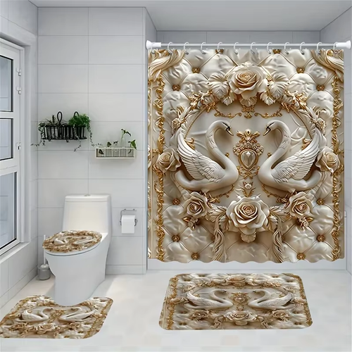 3D Swan Embossed Pearl Print Creative Waterproof Shower Curtain