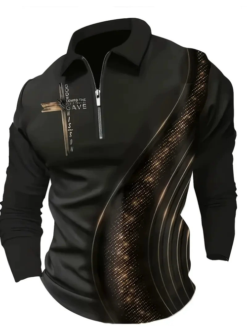 Men's Luxury Black Gold Printed Quarter Zip Long Sleeve Shirt