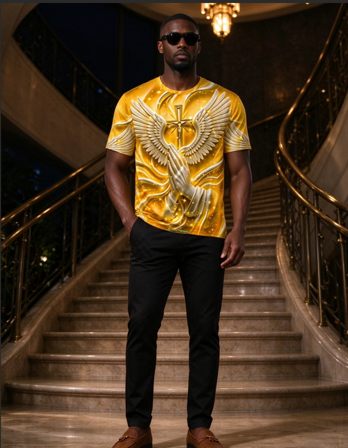 Men's  Premium Gold Wings Cross Graphic Print Short Sleeve T-Shirt