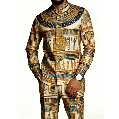 Men's Two-Piece Set: Ancient Egyptian Pharaoh Print Shirt & Pants