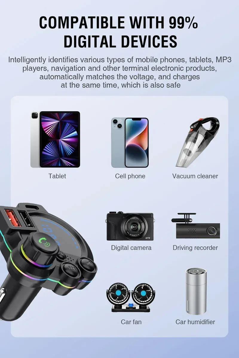 Car Charger Adapter Car Bluetooth 5.3 FM Transmitter MP3 Music Player QC3.0 & PD 20W Dual Fast Charging Wireless for Vehicle