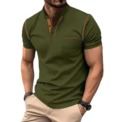 Summer New Men Henry Collar Short Sleeve Golf POLO Shirt Personality Pocket Style