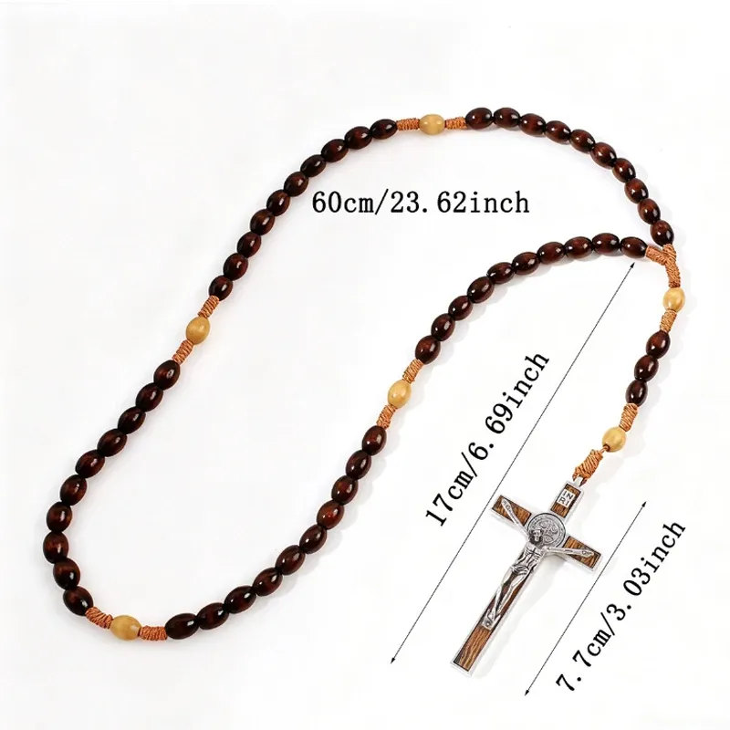 2026 New Christ Jesus Wooden Bead Cross Car Pendant Woven Rope Chain Necklace Religious Orthodox Praying