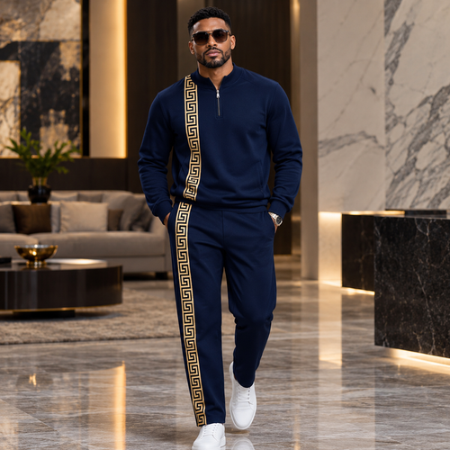 Men long-sleeve and long-pant casual fashion set with a half-zip placket