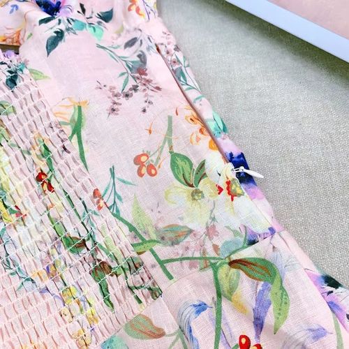P.tre French Style Pure Linen Dress Elegant Floral Print Slimming Classic A-Line Skirt Casual Summer Long Dress for Travel