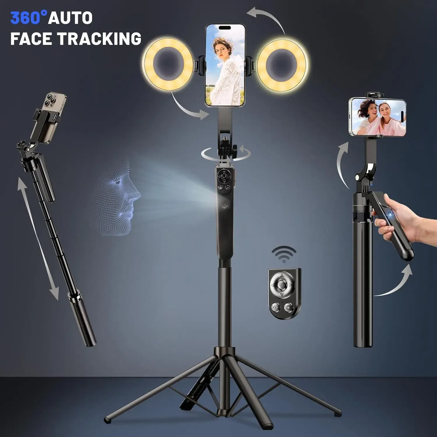 69.6in Automatic Face Tracking Telescopic Selfie Stick Tripod with 360° Rotatable Design, Fill Light, Remote and Gesture Control, Portable Cellphone Mobile Accessory for Live Streaming, Tripod for iPhone