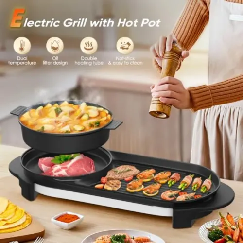 2-in-1 Multifunctional Electric Hot Pot & Grill — Featuring a Removable Hot Pot Insert, Dual-Use Indoor Design for Korean-Style BBQ and Japanese Shabu-Shabu, and a Non-Stick Griddle.