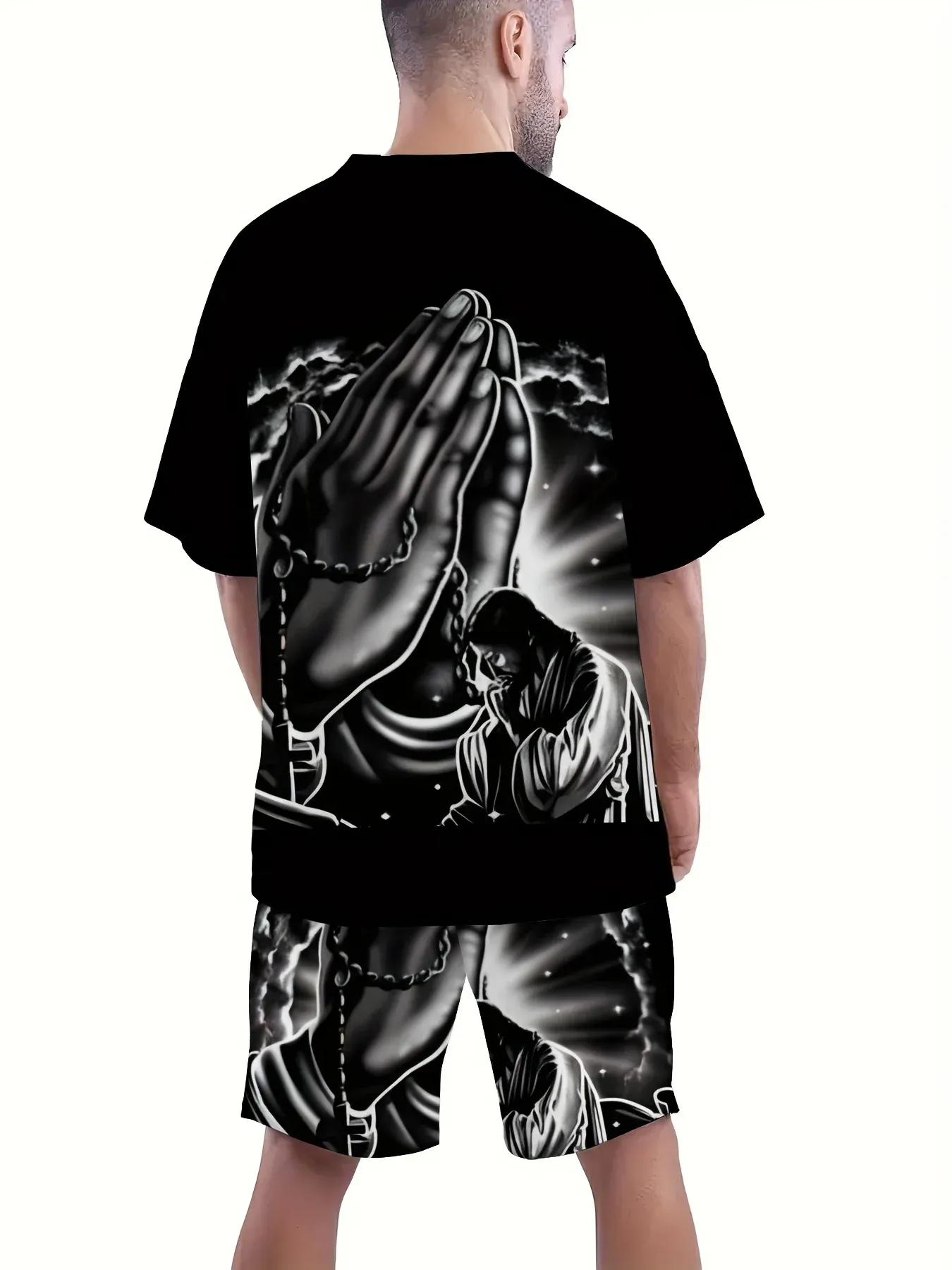 2026 Summer New Men's Short-Sleeved Set - 3D Trendy Brand - Hands Together Print - Casual Fashionable Street Style - Comfortable