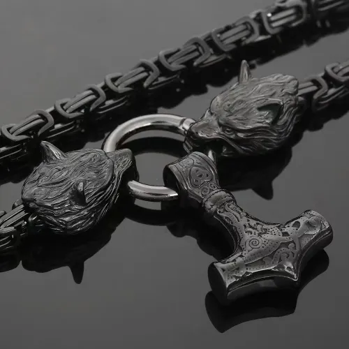Black Stainless Steel Nordic Mythology Viking Wolf Head Thor Hammer Pendant Necklace Men's Jewelry Fashion Retro Animal Element