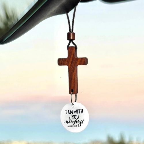 Daily Scripture NFC Car Cross: Walnut Wood Rearview Mirror Charm - Tap for a New Bible Verse Every Drive
