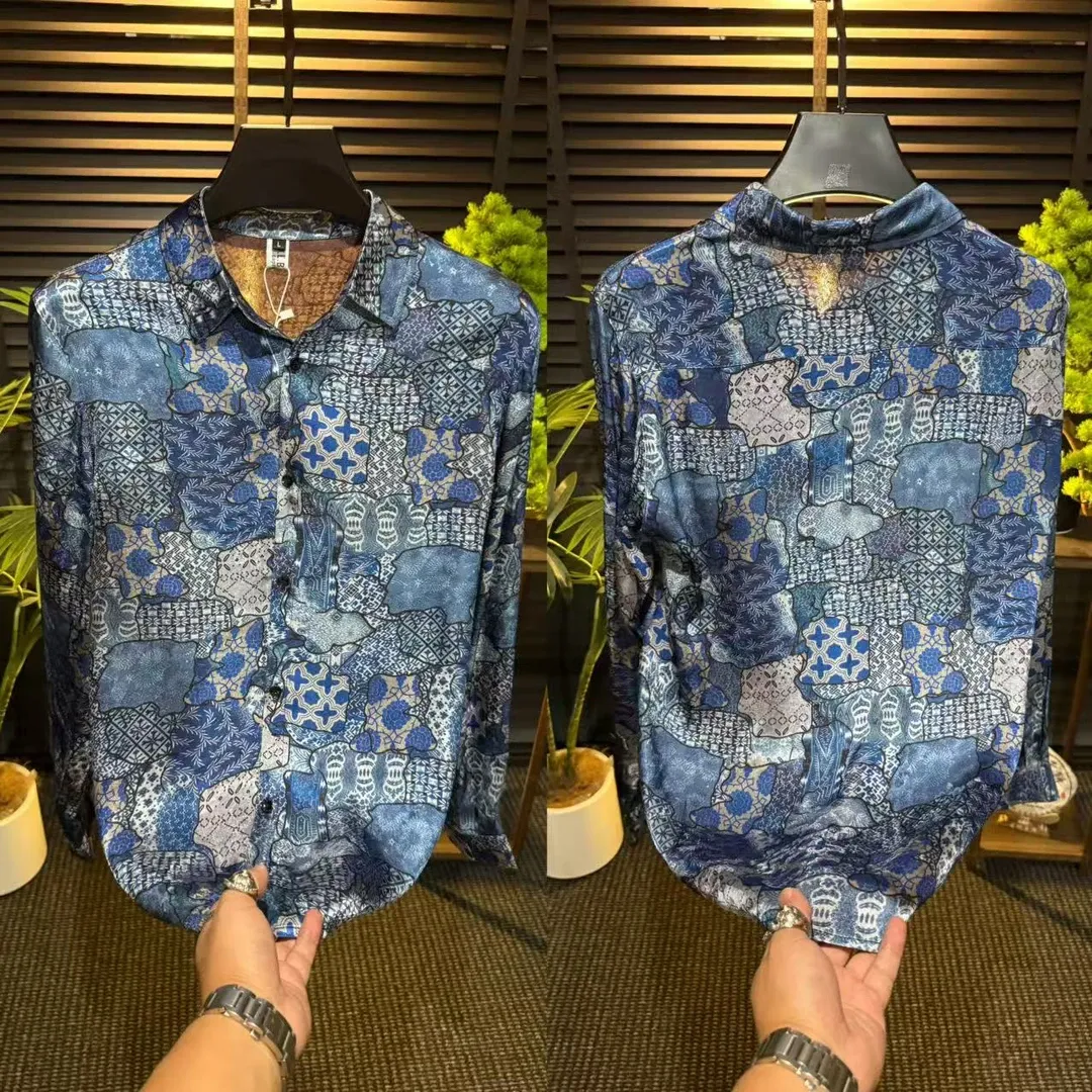 Men's Breathable Long-Sleeve Ice Silk Acetate Shirt