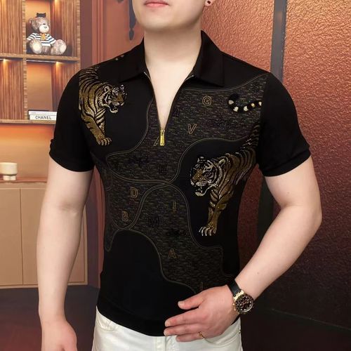 High Quality Tiger Rhinestone Polo Shirt Men's Ice Silk Breathable Short Sleeved Social Casual T-shirt Half Zipper Business Top