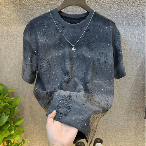 Summer Tear Men Clothing Summer Rhinestone Rivet T-shirt Round Neck Casual T-shirt