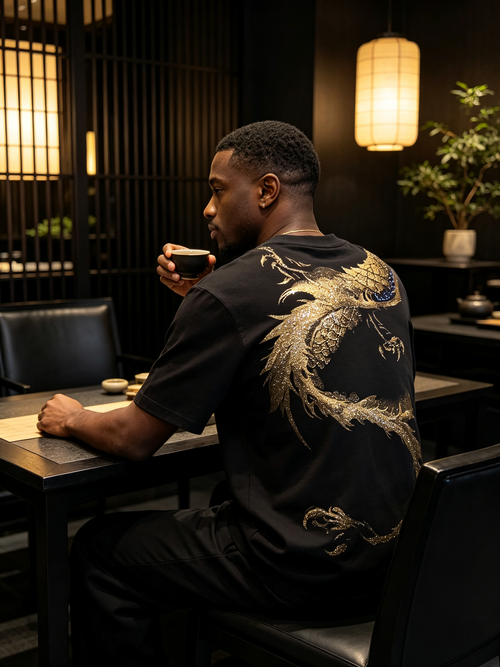 Black gold double-sided dragon pattern, Oriental luxury T-shirt