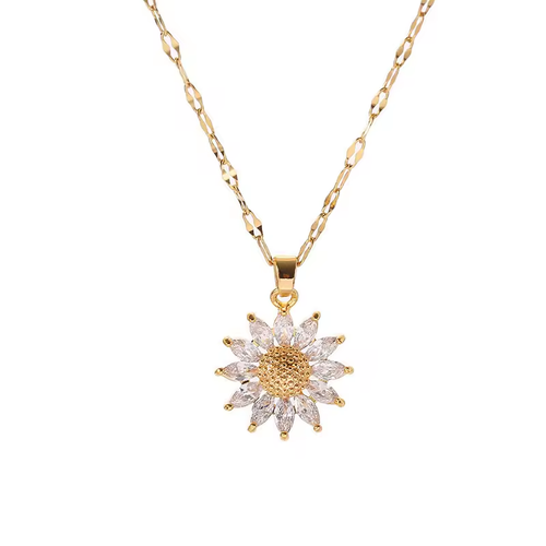 2pcs Dainty Stainless Steel Necklace  Plated Zircon Daisy Sunflower Pendant Necklace For Women Girls Jewelry