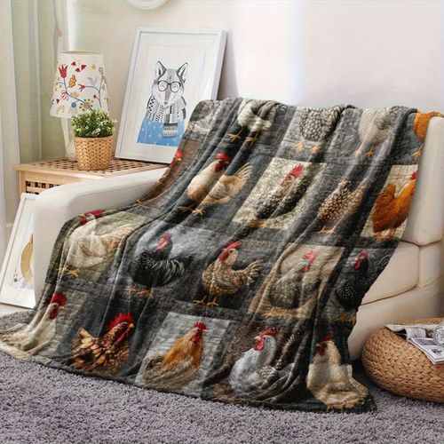 💥🌲🎁Vintage Chicken Print Flannel Blanket🐔