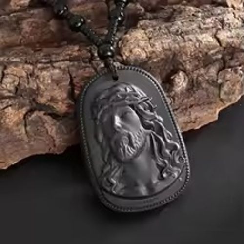 Obsidian Vintage Religious Jesus Pendant Necklace Men's Prayer Jewelry