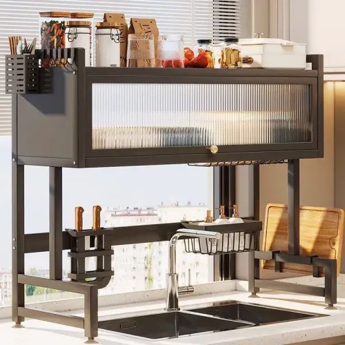 Closed Cabinet Dish Storage‌ - Heat-Resistant Doors Multi-Tier Carbon Steel Shelving for Compact Kitchen Spaces practical