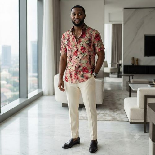 Cool-touch velvet sateen short-sleeve shirt with peony print