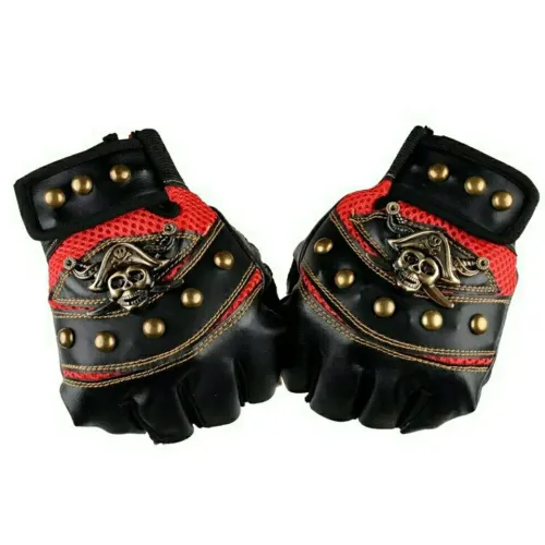 Punk Skulls Rivet PU Leather Gloves Anti-slip Half Finger Gloves