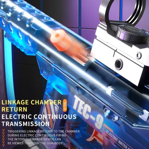 Electric lithium battery-powered water gun with muzzle flame effect.