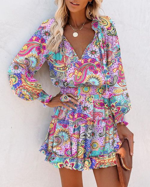 Women's V-Neck Long Sleeve Ruffle Hem Mini Dress