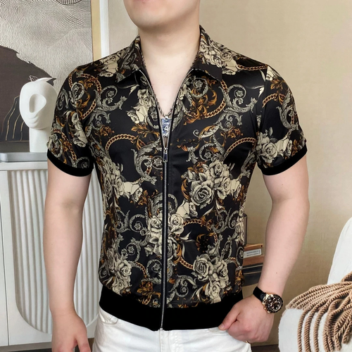 Luxury Baroque Floral Full Zip Men Short Sleeve Shirt