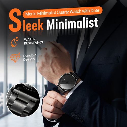 🎉💰 50% off ⚡ Minimalist quartz watch for men with date display – All black stainless steel, Roman numerals on the dial and watchmaking precision! ⌚🖤