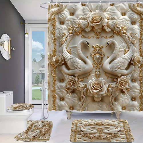 3D Swan Embossed Pearl Print Creative Waterproof Shower Curtain