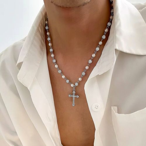 Silver-tone pearl and rhinestone cross pendant necklace (unisex)
