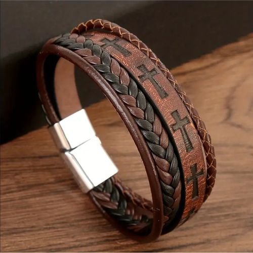 Fashion Cross Leather Rope Bracelet for Men Vintage Woven Leather Bracelet Punk Metal Magnet Buckle Personality Bracelet Jewelry