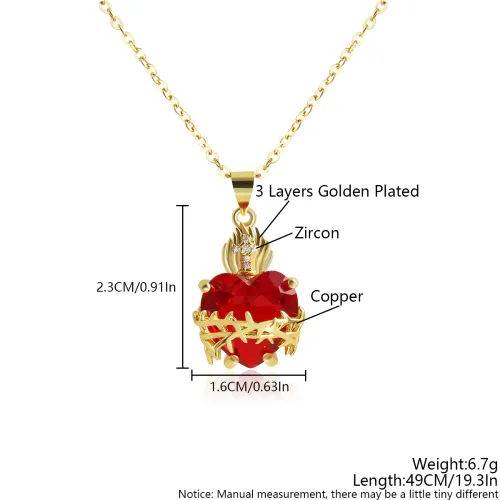 Gold Plated Sacred Heart of Jesus Cross Necklace Red Zircon Religious Catholic Pendant Necklaces For Women Girls Jewelry