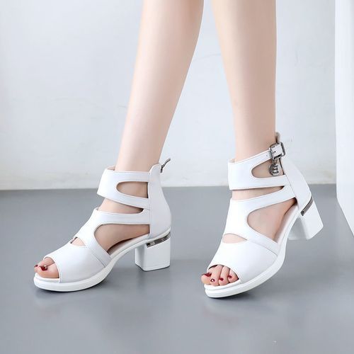 2026 new Soft leather cool boots style thick heel hollow high top sandals