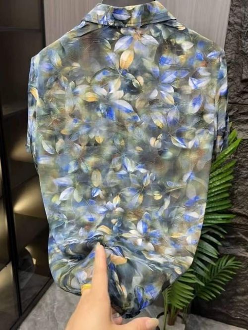 Men's Ice Silk Shirt with Blooming Blue Floral Print