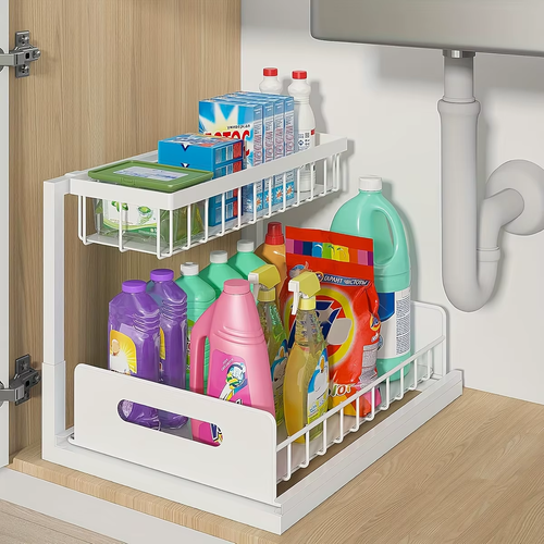 2-Tier Sliding Under Sink Organizer, Rustproof Metal Storage Rack for Kitchen & Bathroom Cabinet