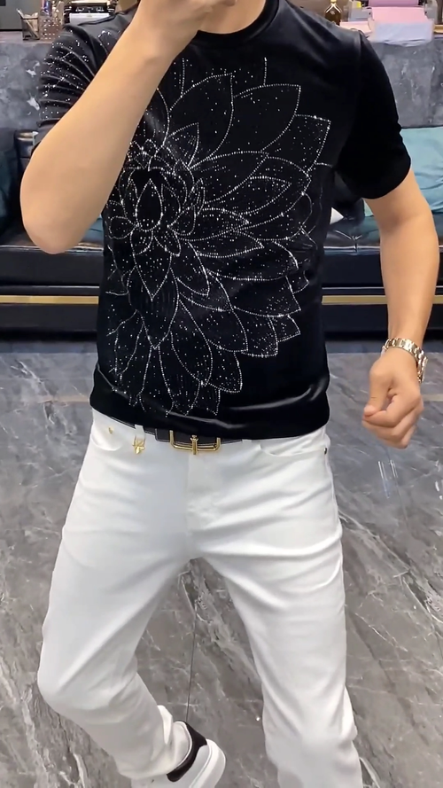 Men's Breathable T-Shirt with Rhinestone Lotus Design
