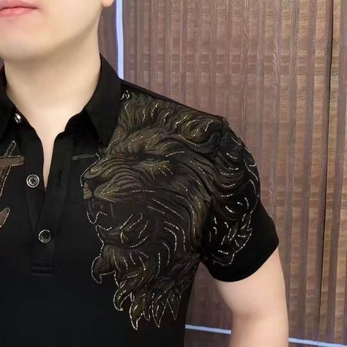 Lion Rhinestone Men's Polo Shirt Luxury Short Sleeve Casual T-shirts Slim Fit Lapel Business Formal Social Polo Tee Tops