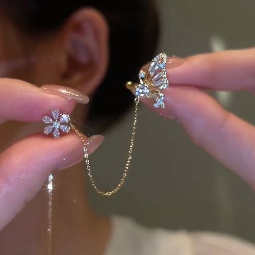 1PC Silver Butterfly Crystal Tassel Ear Clip Women's Earrings Shiny Rhinestone Chain Cartilage