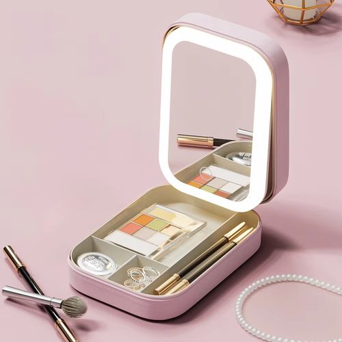 Three-color LED light mirror makeup box, travel cosmetic and jewelry box, a perfect birthday wedding bridesmaid women's gift for her.