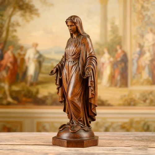 Hand Carved Sacred Heart of Jesus Virgin Mary Wooden Tabletop Ornament