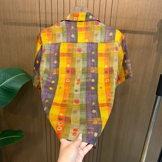 Men's Short-Sleeve Ramie Shirt with Collar