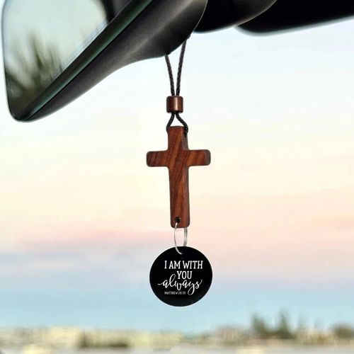 Daily Scripture NFC Car Cross: Walnut Wood Rearview Mirror Charm - Tap for a New Bible Verse Every Drive
