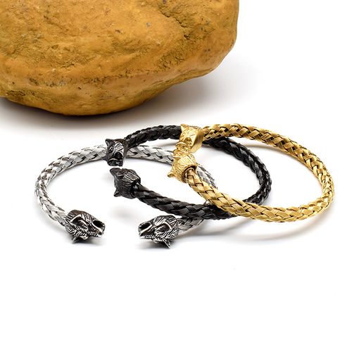 Stainless Steel Skull Open Men's Bracelet Wolf Head Woven Chain Charming Male Wrist Accessories Wholesale Birthday Gift