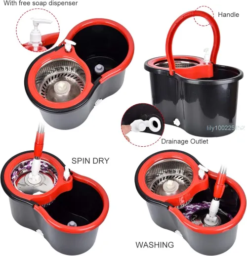 360 Degree Spin Mop Bucket Set with Wring System Includes 3 Microfiber Heads Stainless Steel Basket and 61 Inch Extended Handle for Floor Cleaning