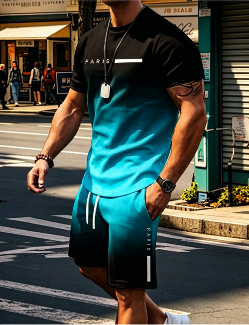 Men's Gradient Color T-Shirt & Shorts Set