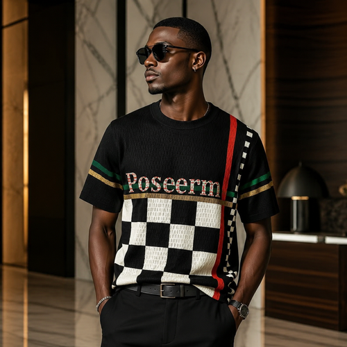 Black checkerboard ice-silk T-shirt