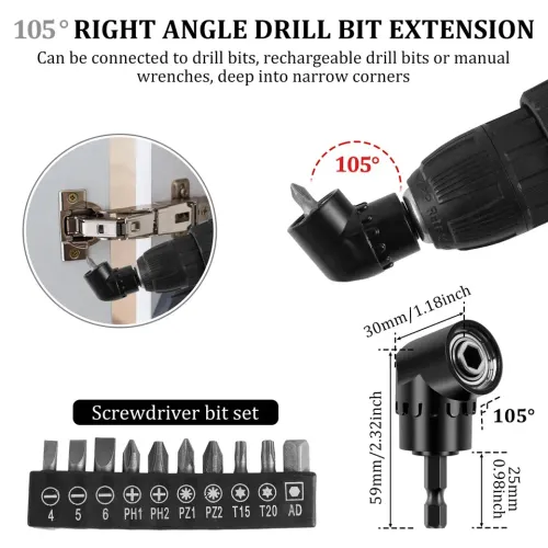 6PCS Flexible Drill Bit Extension Rotatable Socket Adapter Hex Shank 105° Right Angle Drill Attachment Screwdriver 90° Angled Bits
