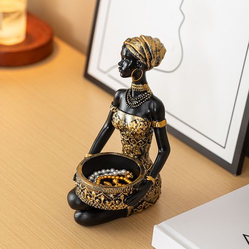 Bohemian-Style African Woman Carrying a Tray Sculpture, Home and Office Storage Ornament, Vintage Collectible Decorative Artwork